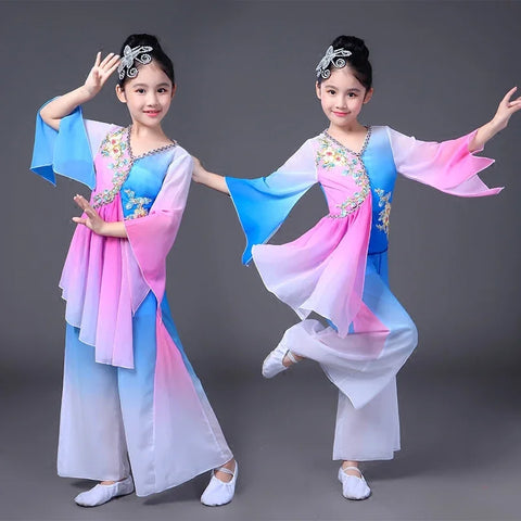 Girls Hanfu Chinese Dance Costume Sleeve Dress Yangko Classical Modern Kids Outfit