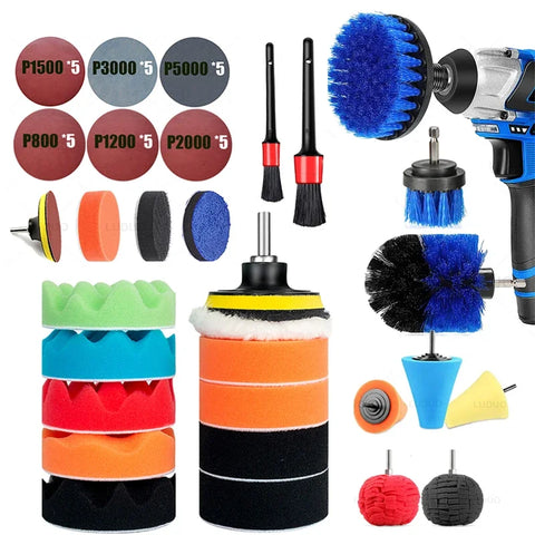 Car Cleaning Kit with Waxing Sponge, Polishing Disc, Detail & Tire Brush for Drill Polisher