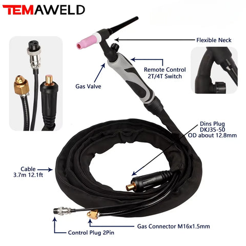 180A TIG Torch 3.7m Flexible Neck Air-Cooled with Gas Valve, WP17 Welding Gun