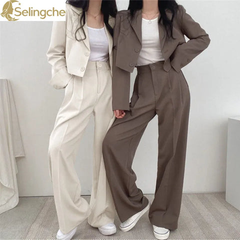 Elegant Women's Office Outfit - Blazer and Wide Leg Pants Two-Piece Set for Summer