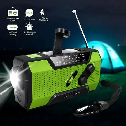 Emergency Weather Radio NOAA AM/FM, 2000mAh Power Bank, USB/Solar/Hand Crank, Battery Operated, SOS Alarm