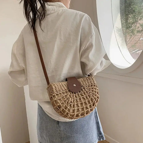 Handmade Summer Straw Crossbody Bag - Rattan Semi-Circle Beach Tote Handbag