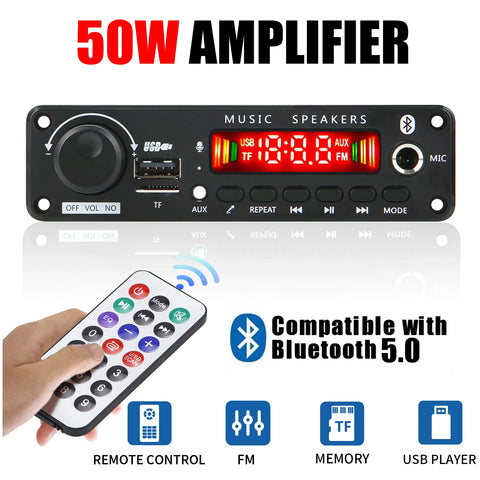 12V 50W Bluetooth 5.0 Amplifier MP3 Player Decoder FM Radio TF USB AUX Car Audio Receiver Kit