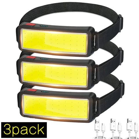 COB LED Rechargeable Headlamp, 3 Modes, USB Charging, Outdoor Camping & Fishing Emergency Light
