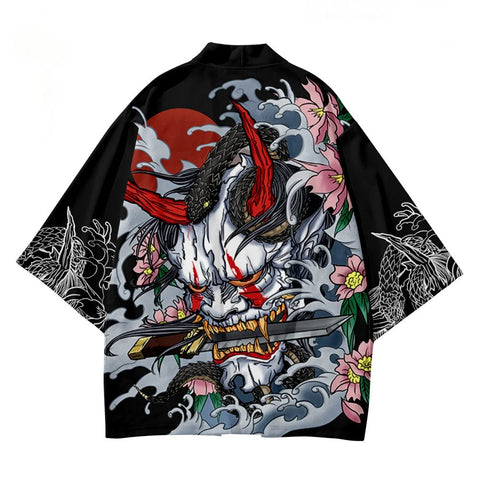 Demon Print Japanese Anime Kimono Haori - Striking Cosplay & Dress-Up Asian Clothing