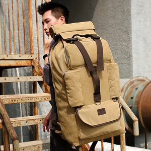 100L Canvas Backpack for Travel & Hiking - Men's Large Capacity Pack with Blanket Storage