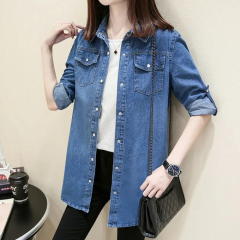 2024 Women's Slim Denim Shirt Long Sleeve Cotton Blouse Lapel Collar Fashion Spring Autumn Jeans Style
