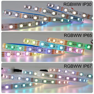 1-5m Addressable RGBW RGBWW LED Strip Light 5050 SMD 60 LEDs/m, White/Black PCB, IP30/IP65/IP67, DC12V