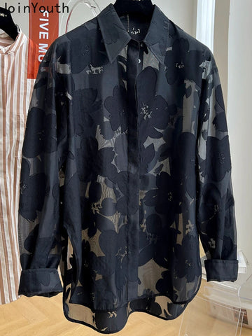 Floral Women's Long Sleeve Sheer Summer Blouse Casual Korean Fashion Top