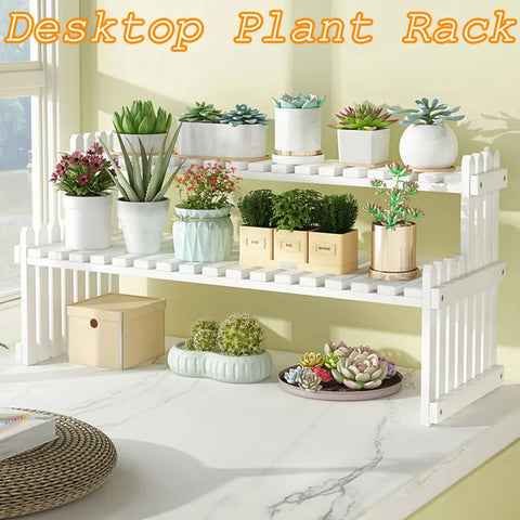 2-Tier Bamboo Flower Pot Stand, Decorative Plant Display Shelf, Desktop Organizer with 2 Slatted Shelves