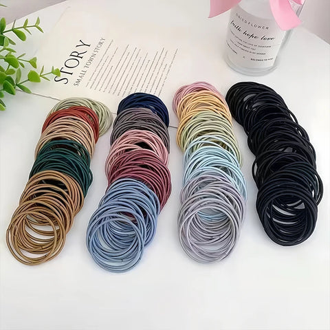 100pcs Women's 4cm Nylon Elastic Hair Bands Set - Scrunchies, Ponytail Rubber Bands, Hair Accessories Headwear