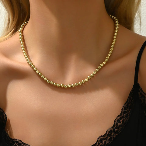 Gold Beaded Pearl Necklace Stainless Steel Adjustable Jewelry 4-10mm for Women Men