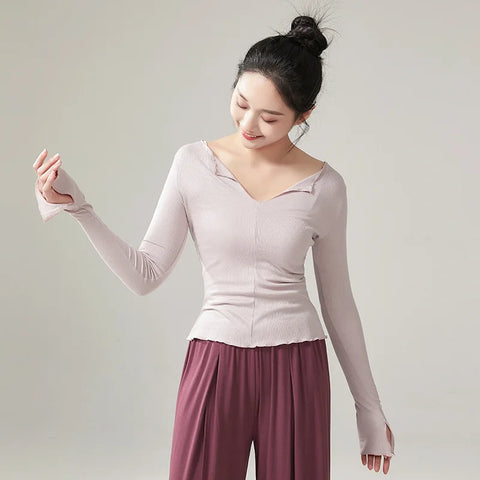 Elegant Women's V-Neck Dance Top with Flared Sleeves for Yoga and Casual Wear