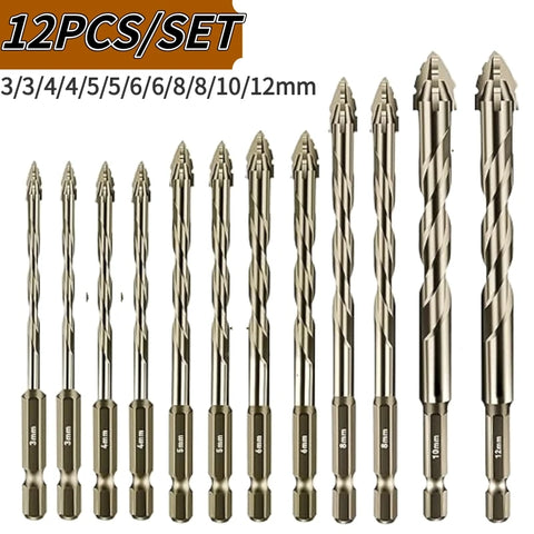 12-Piece 3-12mm Four-Flute Sawtooth Eccentric Drill Bit Set for Concrete, Tile, Ceramic, Wood, Masonry Drilling Tools