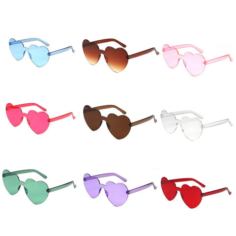 Heart-Shaped Rimless Sunglasses for Women - Colorful Clear Lens Shades (Red, Pink, Yellow)
