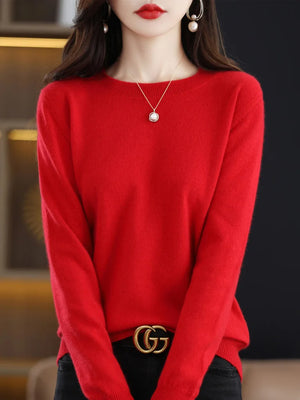 100% Merino Wool Women's O-neck Sweater Long Sleeve Pullover Jumper for Spring, Autumn, Winter Knitwear Top