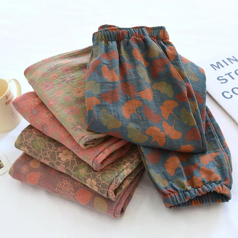 2025 Spring Summer Women's Cotton Crepe Pajama Pants - Comfortable Loose Fit Leaf Print Lounge Bottoms