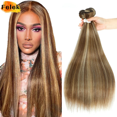 Blonde 613 Synthetic Straight Hair Bundles, Ombre Brown Red Extensions, Long Weave, Natural-Looking Fake Hair