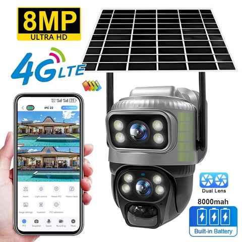 Dual Lens 4G Solar Security Camera 8MP 4K, PIR Human Detection, Night Vision, Waterproof, Battery CCTV Monitor