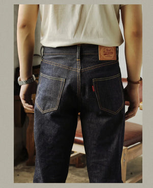 Men's Relaxed Straight Fit Jeans Raw Selvedge Denim Amekaji Style Pants 55501 Red Tornado