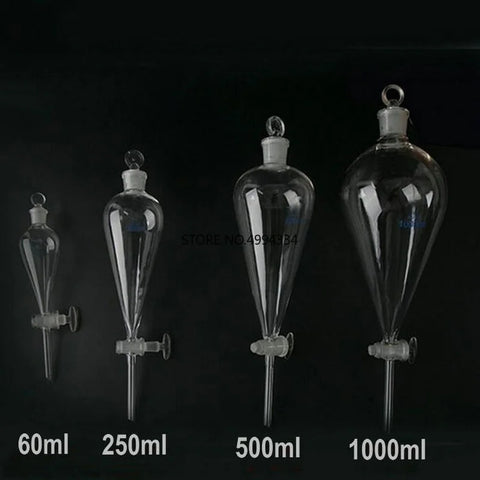 Glass Separating Funnel with Ground-in Stopcock, 60-1000ml, Pear-Shaped, Conical Lab Glassware