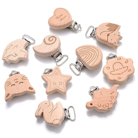 5pcs Natural Beech Wooden Pacifier Clips for Baby Teething Soother Dummy Holder Chain Accessories
