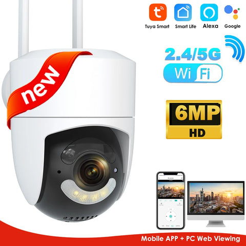 6MP Outdoor WiFi Camera Tuya Smart CCTV, 2.4G/5G Wireless Surveillance, Security & Alexa/Google Compatible Video Cam, Onvif SmartLife