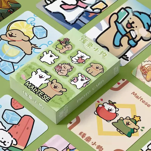 55 Pcs Mini Maltese Puppy Dog Laser Lomo Card Set - Cute Cartoon Postcards for Fans Collection