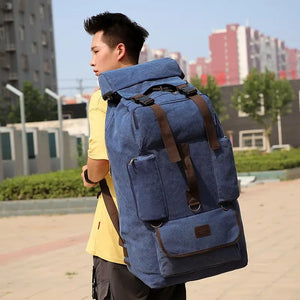 100L Canvas Backpack for Travel & Hiking - Men's Large Capacity Pack with Blanket Storage