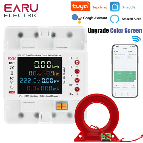 3-Phase Smart WiFi Energy Meter & Protector - Tuya App, Bi-Directional, Kwh Monitoring, Voltage/Current Control, Leak Protection