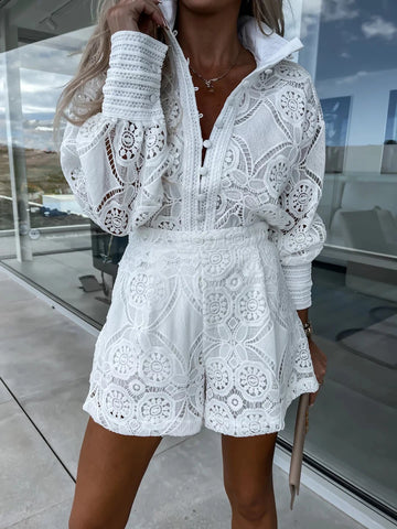 2-Piece Women's White Lace Shorts Set, Vintage Long Sleeve Casual Party Outfit