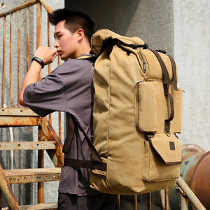 100L Canvas Backpack for Travel & Hiking - Men's Large Capacity Pack with Blanket Storage