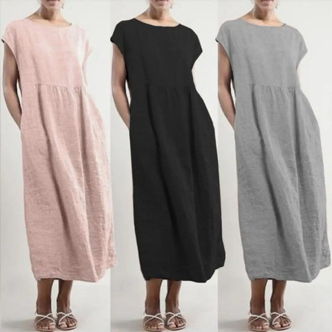 Elegant Women’s Maxi Dress Summer Short Sleeve O Neck Vintage Cotton Linen Sundress with Pockets