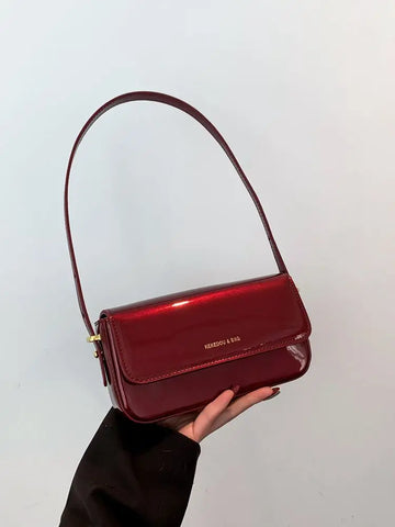 Burgundy PU Leather Crossbody Bag Shiny Fashion Letter Design Ladies Underarm Handbag Elegant Classic Commuting Purse