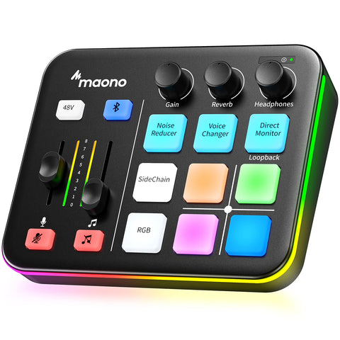 Gaming Audio Mixer with RGB, Custom Sound Effects & XLR Mic Interface for Streaming and Podcasting