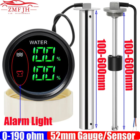 52mm Digital Dual Gauge 0-190ohm Water/Sewage Level Meter with Alarm for Boat Car 12V/24V