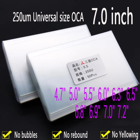 50pcs Universal OCA Glue Film 250um for 4.7-7.2 Inch Screen Lamination, Cuttable Optical Adhesive