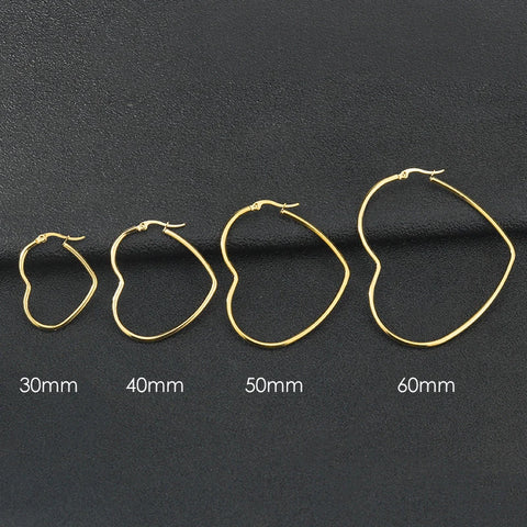 Gold Heart Hoop Earrings 30-60mm Stainless Steel, Large Hip Hop Rock Korean Fashion Jewelry