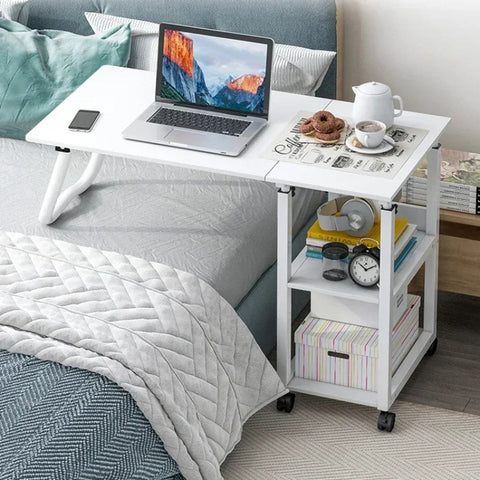 Foldable Movable Bedside Laptop Table with Multi-Layer Storage, Adjustable Workstation Desk for Bed, Study, or Office