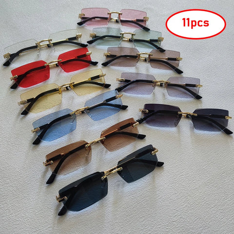 11 Pairs Women's Trendy Rimless Rectangle Sunglasses Small Frame Square Shades for Summer Outdoors
