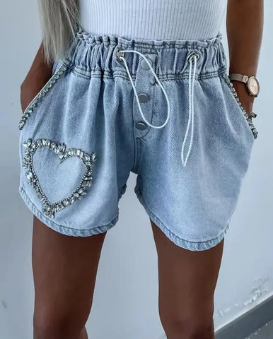 2023 Summer Y2K Cargo Denim Shorts with Rhinestone Heart and Drawstring