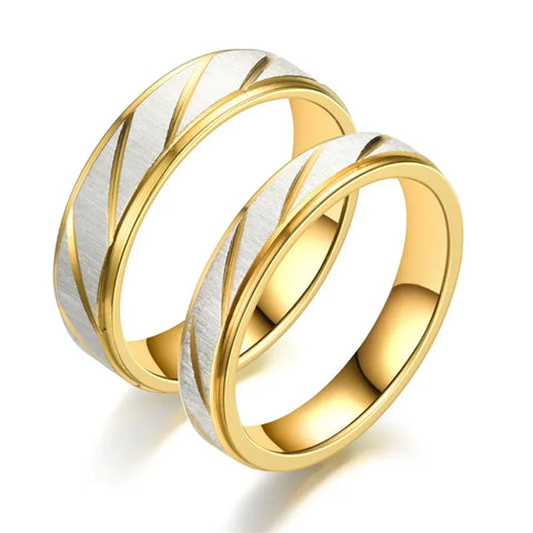 Gold Stripes Couple Rings 6mm 4mm Stainless Steel Contrast Jewelry for Valentine's Day