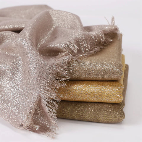 Elegant Rayon Scarf Shawl: Shiny Solid Color with Gold Silk & Silver Wire, Fringe Hijab Accessory