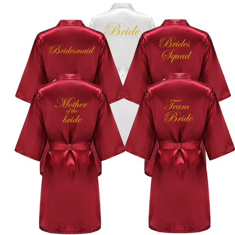 Burgundy Satin Kimono Robe for Women - Bridesmaid, Sister, Mother of Bride/Groom Wedding Robe with Gold Lettering