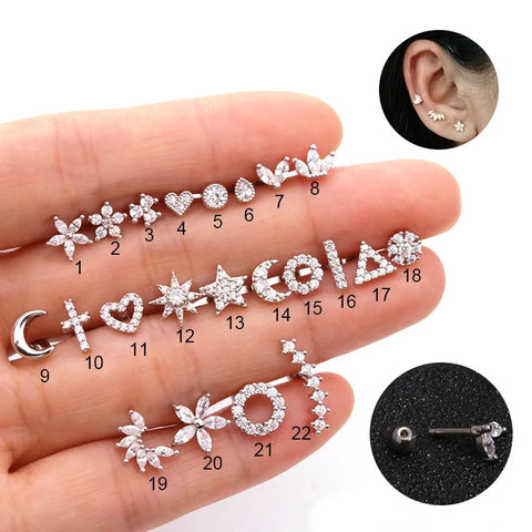 316 Stainless Steel Zircon Cartilage Helix Stud Earring Tragus Piercing Women's Body Jewelry