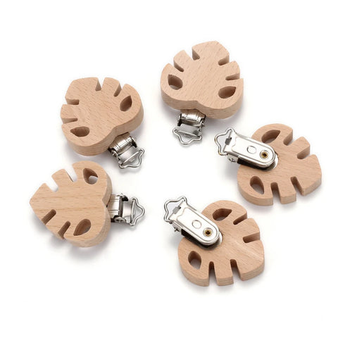 5pcs Beech Wood Leaf Dummy Clips for Baby Teething Pacifier Holder BPA-Free DIY Accessory