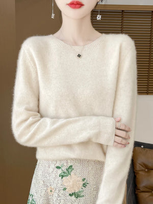 100% Merino Wool Women's O-neck Sweater Long Sleeve Pullover Jumper for Spring, Autumn, Winter Knitwear Top