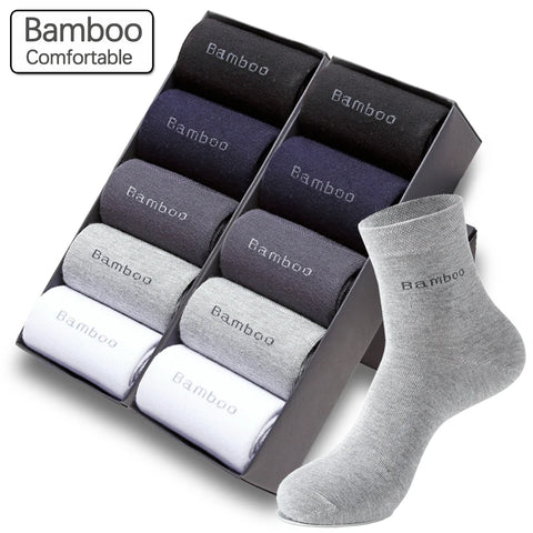10 Pairs Bamboo Fiber Men's Crew Socks, Casual & Business, Antibacterial, Breathable, High Quality
