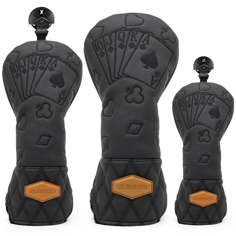 Black Poker Golf Headcovers Set - Driver, Fairway, Hybrid, 3 Wood Covers, Embroidered Design