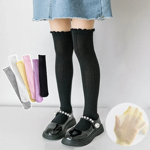 Baby Girl Knee High Socks - Black & White Mesh, Breathable School Uniform Style, Spring/Autumn